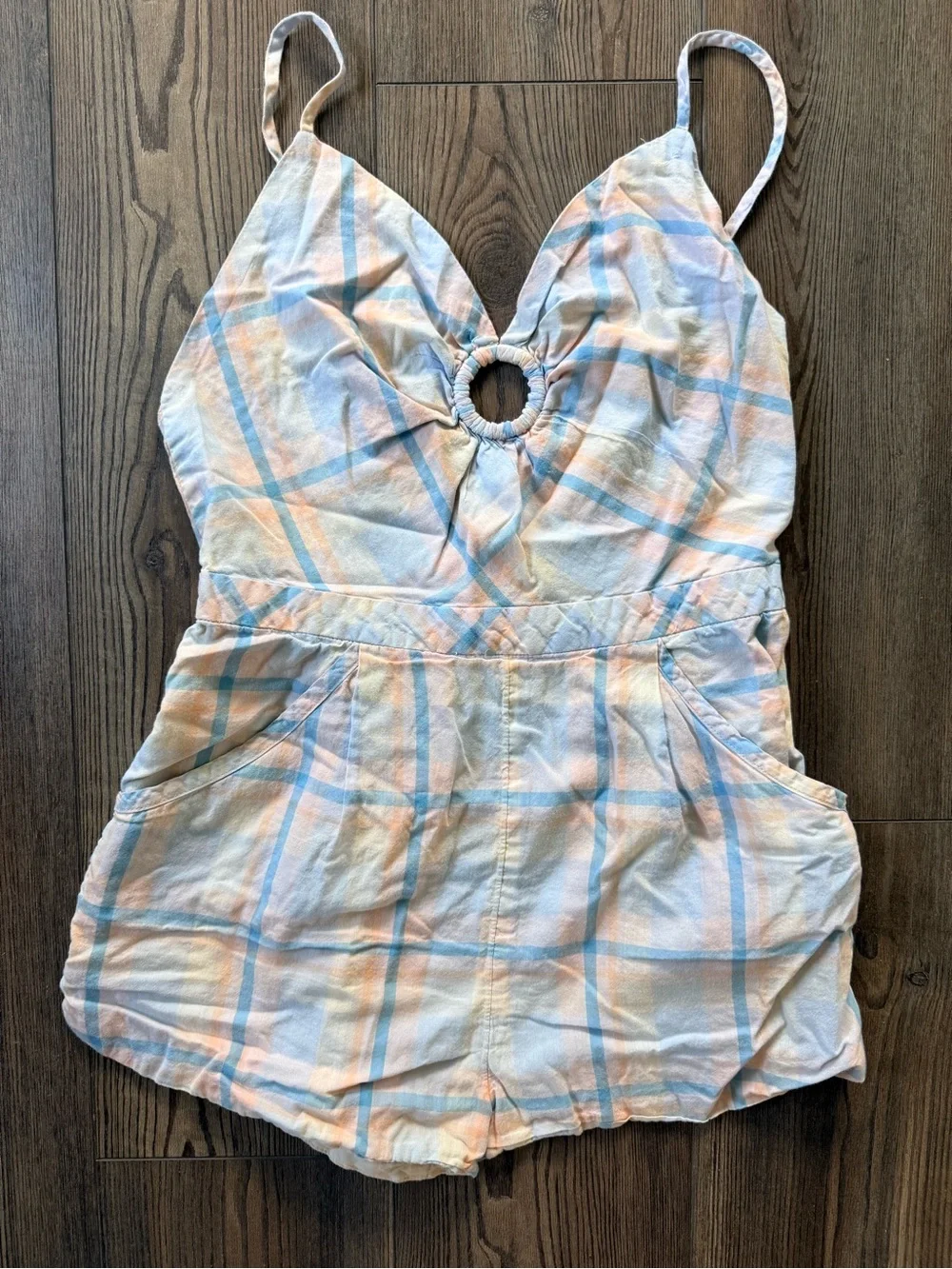 Kimchi Blue Pastel Plaid Romper in Light Blue and Peach - Picture 1 of 5